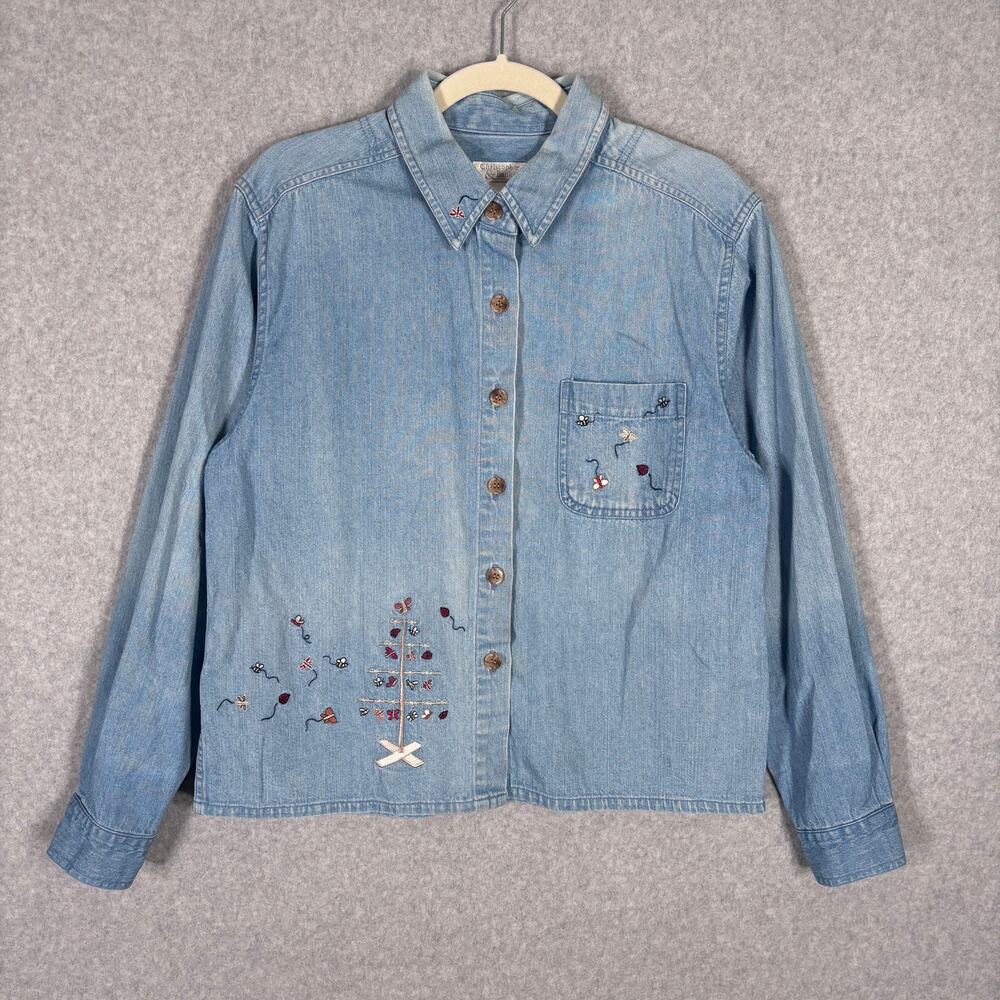 Christopher Banks Shirt Medium‎ Stitch Butterfly Bees Ladybug Denim Jean Granny